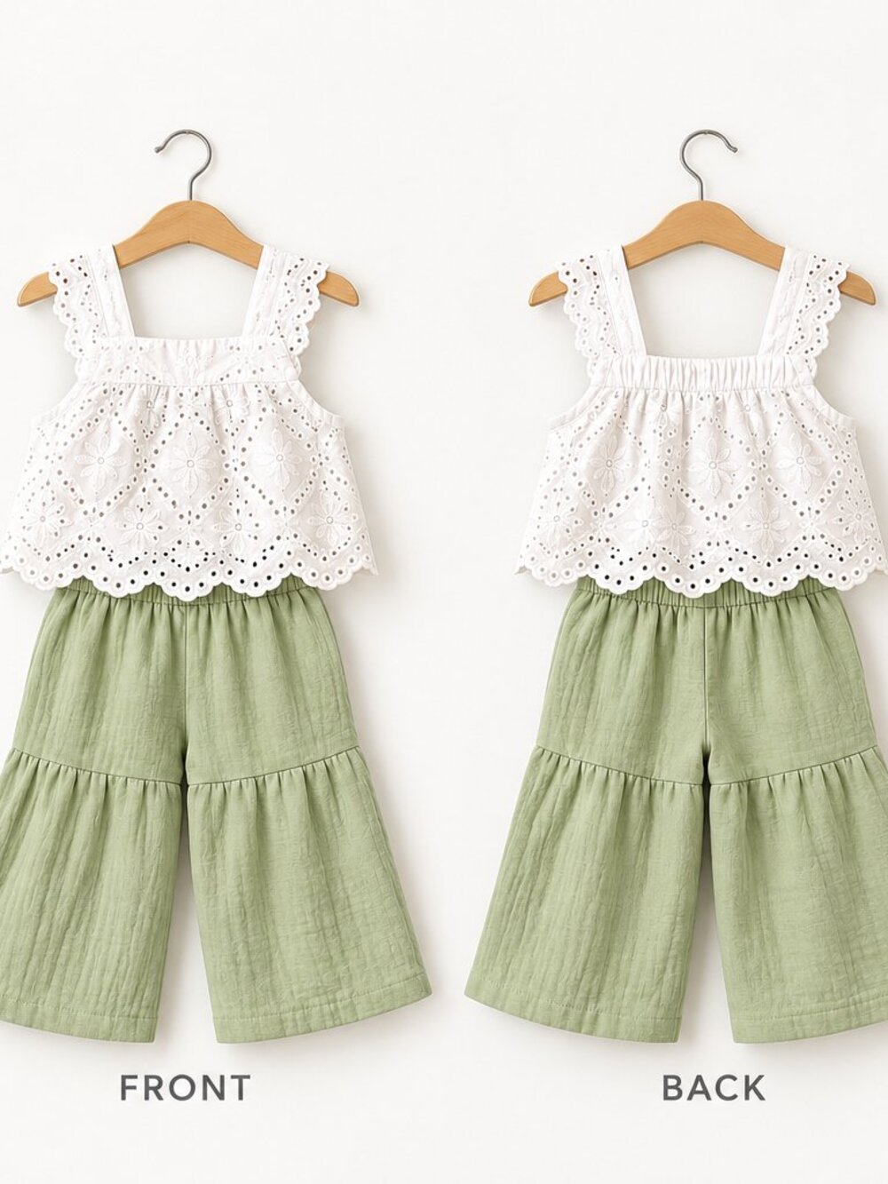 Girls White Eyelet Top & Sage Green Wide-Leg Pants Set – Size 2T